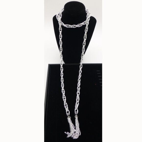 New In Package. Necklace and Earring Set: Silver-Tone Open Ended Tassel Necklace - Picture 1 of 8